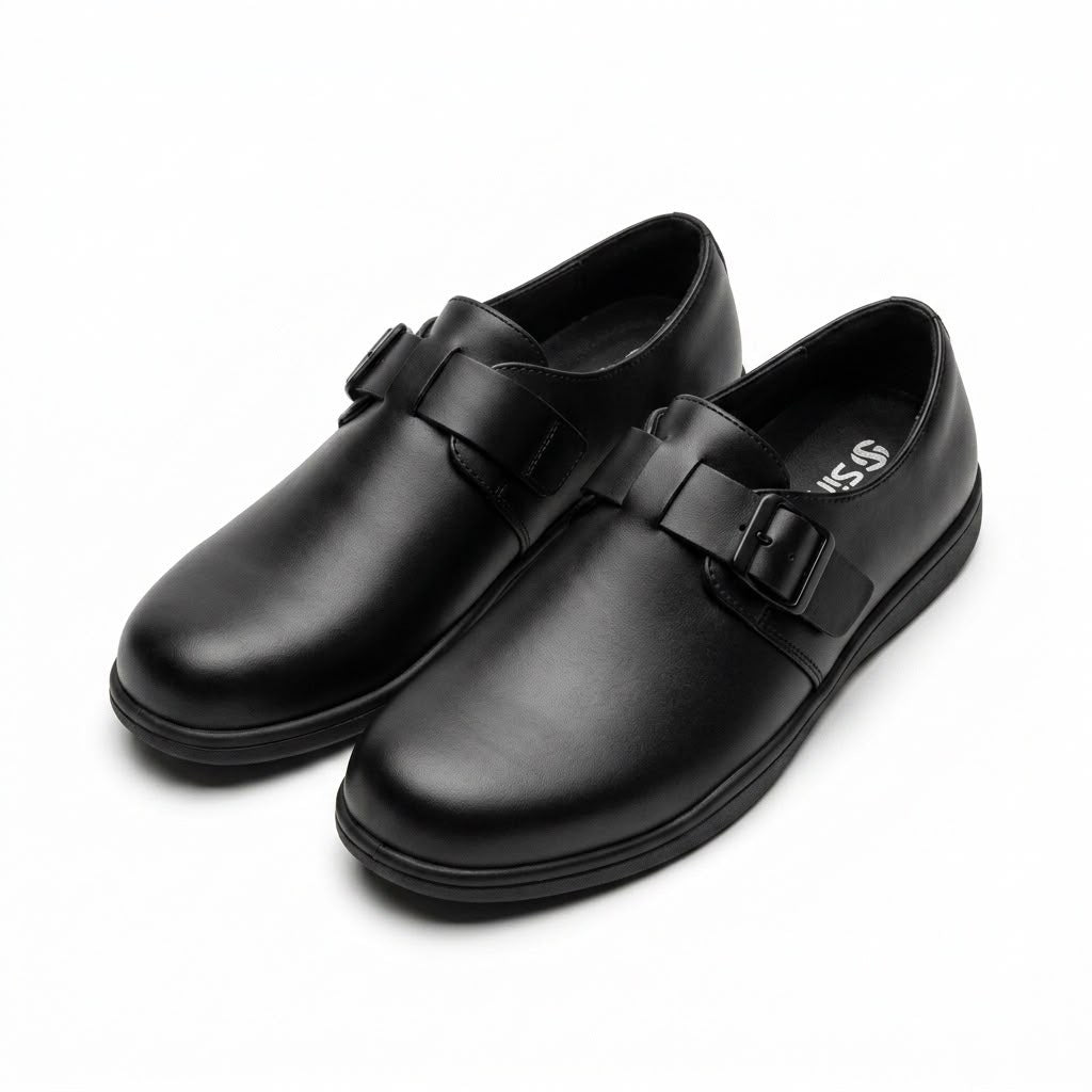 SINE ALPHA series lightweight waterproof black student school shoes. Upper crafted from high-tech microfiber leather, reducing overall weight by 30% compared to traditional leather. Features exceptional water and scratch resistance, making it the perfect ergonomic school shoe for Hong Kong students.